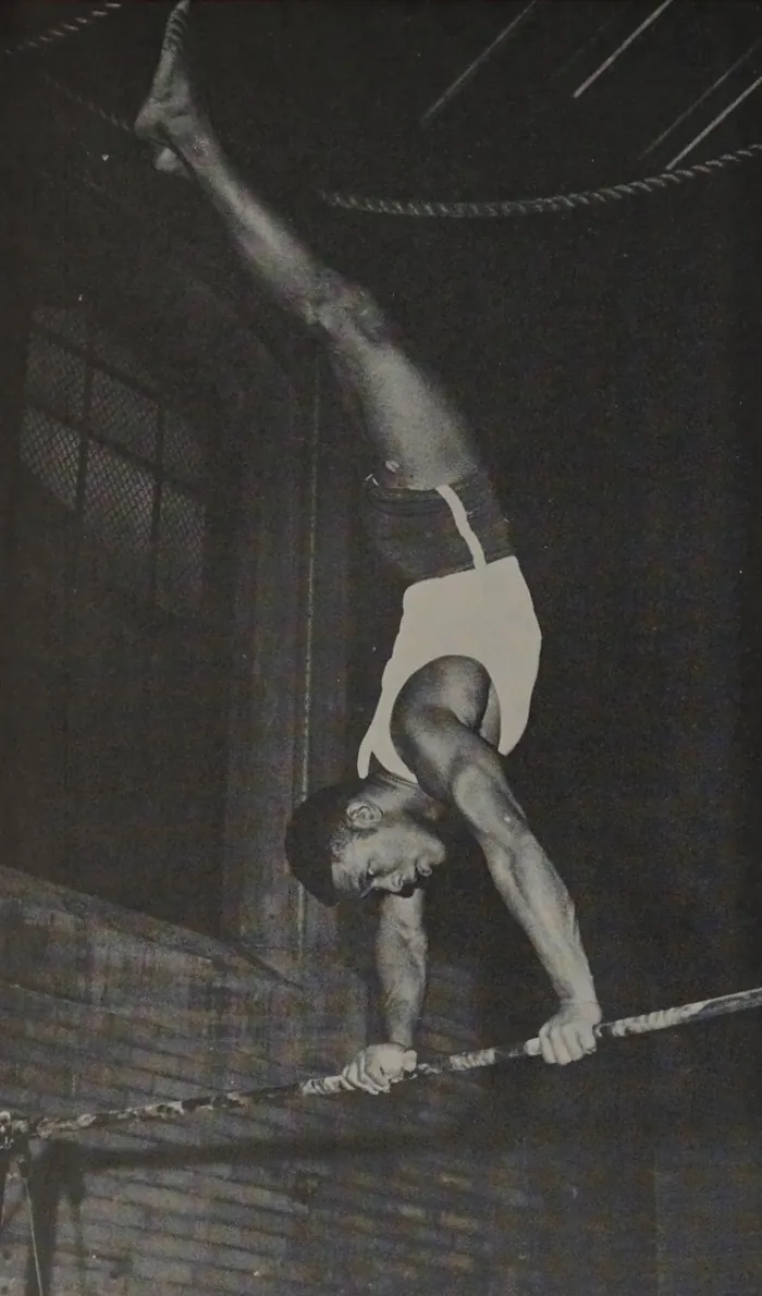 Ron Johnson in a handstand on the horizontal bar, black-and-white photo from the 1955 yearbook