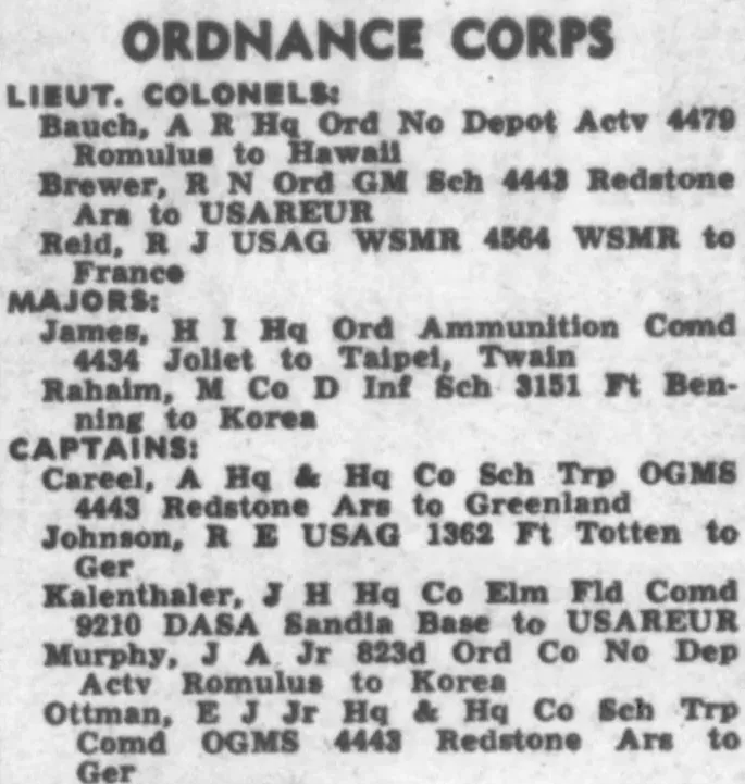 Clipping from the Army Times of July 22, 1961: list of overseas transfers in the Ordnance Corps with Capt. R. E. Johnson, Fort Totten, to Germany
