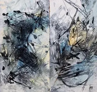 Two-part painting with black and blue pours