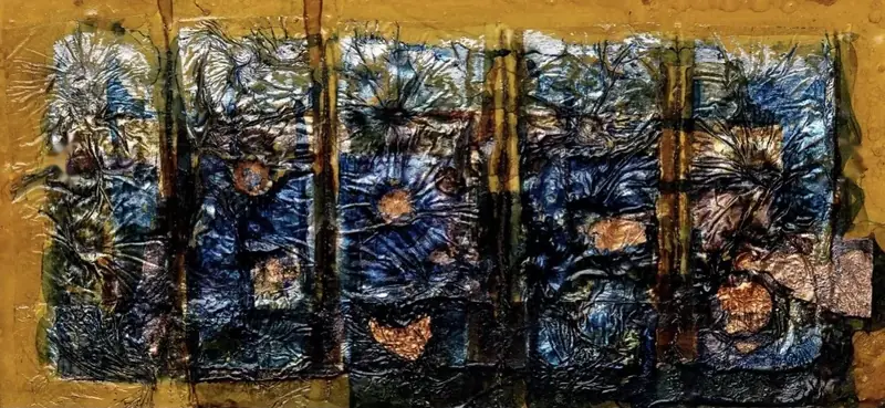 Gold relief of five panels with blue and copper textures