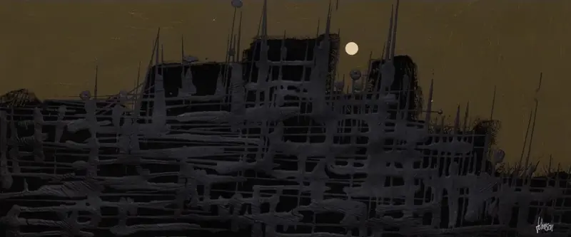 Nocturne: city skyline with a bright moon