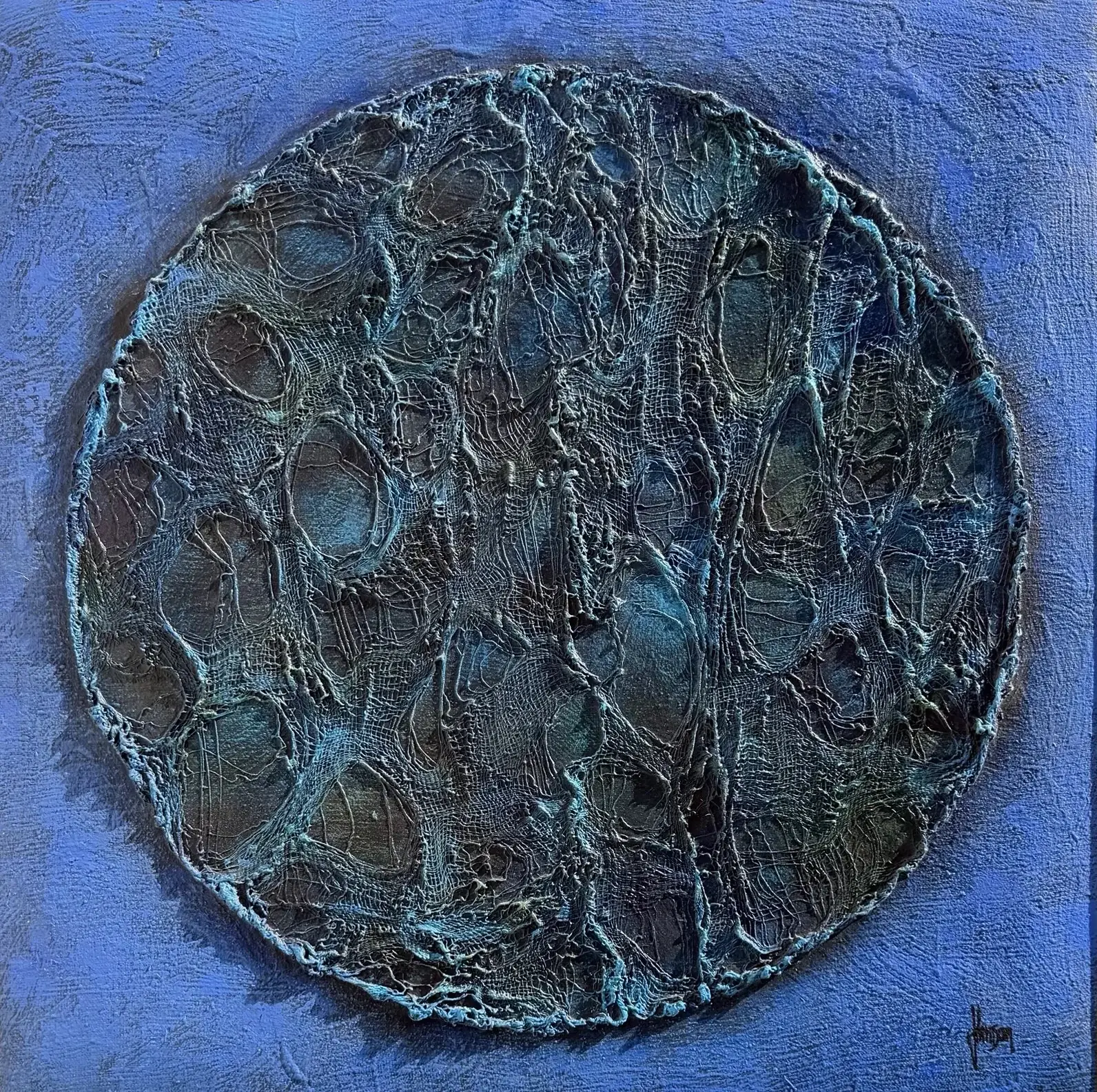 Painting “Super Blue Circle Earth”: a large circle built up in relief in shades of blue and green on a brilliant blue ground